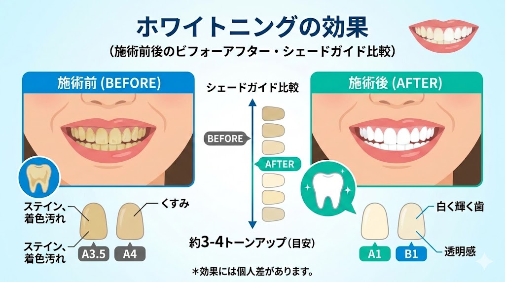 ホワイトニングの効果（施術前後のビフォーアフター・シェードガイド比較）